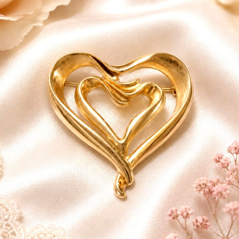 Vintage Gold Tone Double Open Heart Love Brooch Pin
